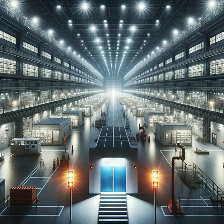 Oświetlenie przemysłowe i awaryjne w dużej przestrzeni przemysłowej, oświetlone przez energooszczędne oświetlenie LED z wyraźnie oznaczonymi wyjściami awaryjnymi.