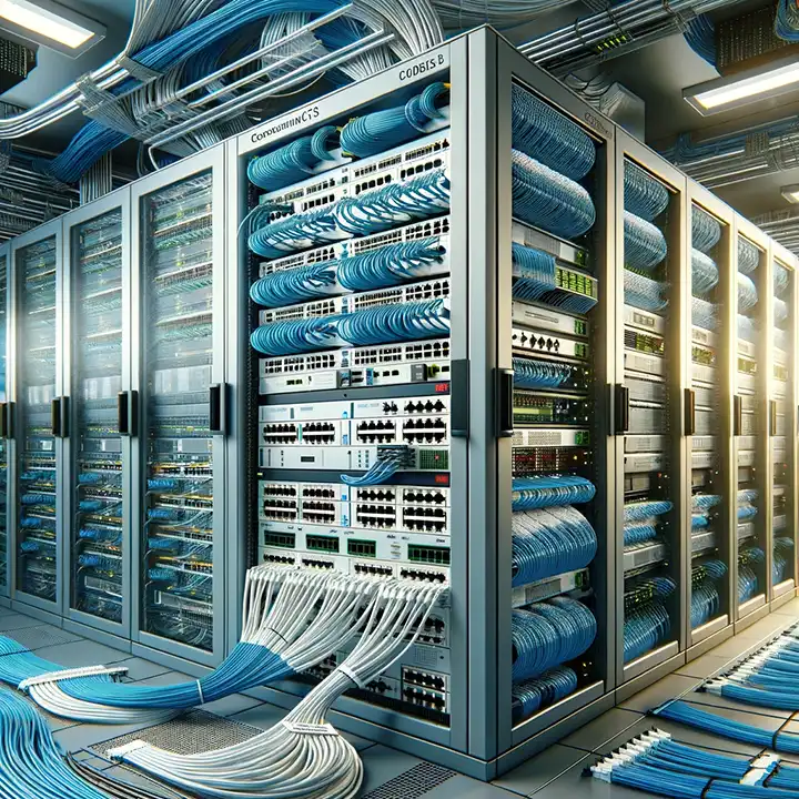 Nowoczesna sala serwerowa z zorganizowanym systemem okablowania strukturalnego i rozwiązań sieciowych.