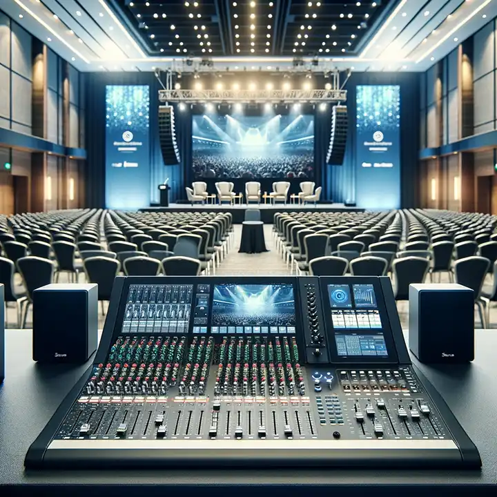 Profesjonalna konfiguracja systemu konferencyjnego i nagłośnieniowego w dużej sali konferencyjnej.