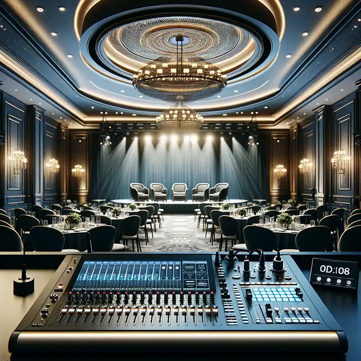 Nowoczesna konfiguracja systemu konferencyjnego i nagłośnieniowego w eleganckiej sali wydarzeń.
