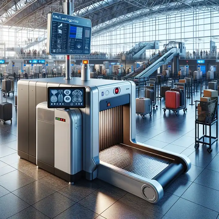 Nowoczesne urządzenie do prześwietlania poczty i bagażu na punkcie kontrolnym w lotnisku.
