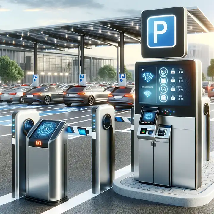 Nowoczesny, zautomatyzowany system kontroli dostępu do parkingu z barierą i automatem biletowym.